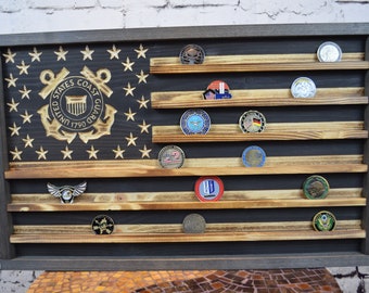 US Coast Guard Challenge Coin Rack Holder - Rustic Coast Guard American Flag - Military Coin Display, Retirement Gift, Veterans Gifts