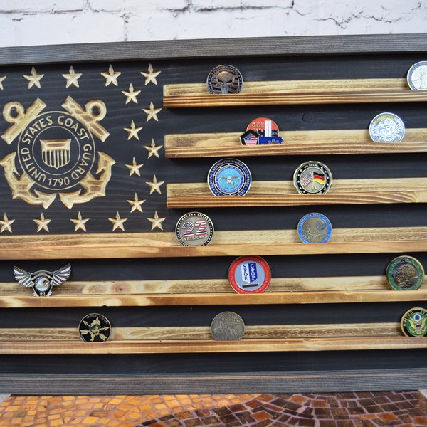 US Coast Guard Challenge Coin Rack Holder - Rustic Coast Guard American Flag - Military Coin Display, Retirement Gift, Veterans Gifts