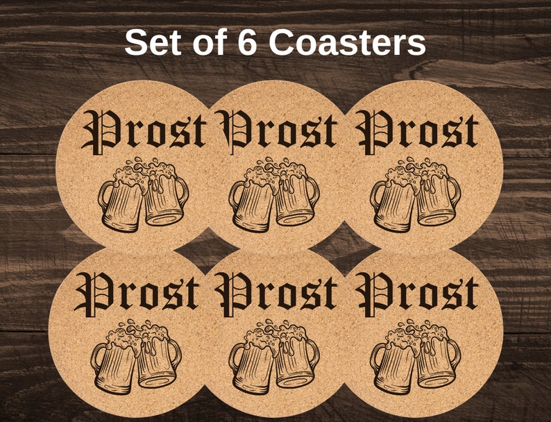 Bavarian Prost Beer Mugs Cork Coaster Set of 6, Custom Prost Bier Stein