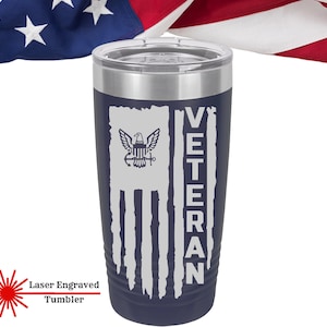 US Navy Veteran 20oz  laser engraved Tumbler, Veteran Personalized US Navy Vet Bottle, US Sailor Veteran Can Cooler Marine Veterans