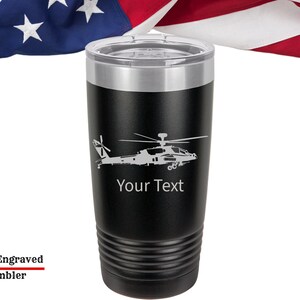 Personalized Apache Helicopter Tumbler: Laser Engraved US Army Veteran Mug
