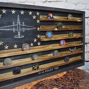 U-2 Aircraft Challenge Coin Display Rack Holder - Rustic American Flag - Air Force Coin Display