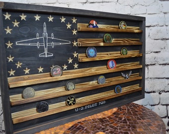 U-2 Aircraft Challenge Coin Display Rack Holder - Rustic American Flag - Air Force Coin Display