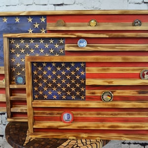 Rustic American Flag Challenge Coin Display: Handmade Military Gift