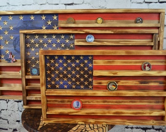 Rustic American Flag Challenge Coin Display: Handmade Military Gift