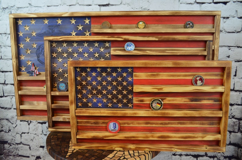 Challenge Coin Display Rack Holder Rustieke Amerikaanse vlag Militaire Coin Display Handgemaakte aangepaste muntvlag Veteraan Cadeau Idee afbeelding 2