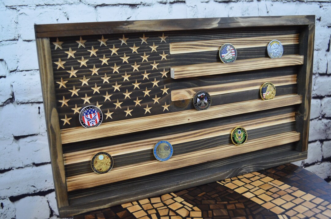 Challenge Coin Display Rack Holder Rustic American Flag Military Coin ...