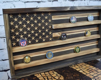 Challenge Coin Display Rack Holder - Rustic American Flag - Military Coin Display