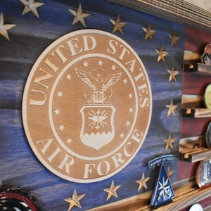 US Air Force Challenge Coin Display Rack Holder - Rustic Air Force American Flag - Military Coin Display