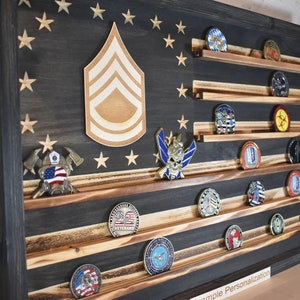 US Army Ranks Challenge Coin Display Rack Holder - Rustic American Flag -  SGT, SSG, E-7, E8