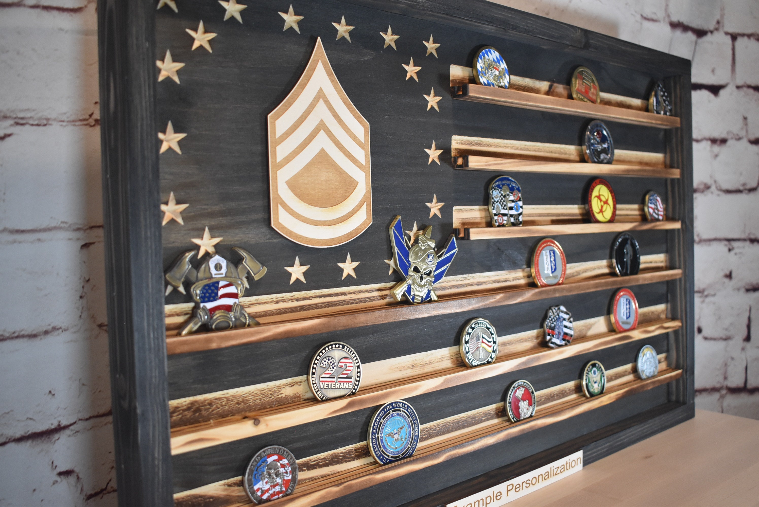 US Army Ranks Challenge Coin Display Rack Holder - Rustic American Flag -  SGT, SSG, E-7, E8
