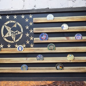 Challenge Coin Display Rack Holder - Rustic American Punisher Flag - Military Punisher Coin Display