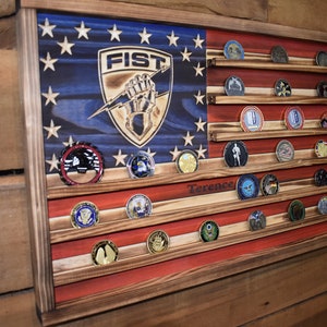 FiSTers Challenge Coin Display Rack Holder - Rustic FIST Army American Flag - Military Coin Display