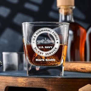 Personalized US Navy Submarine Whiskey Glass Set: USN Retirement Gift