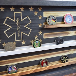 Thin White Line EMT Coin Display Rack Holder - Rustic Paramedic American Flag Coin Display - First Responder Gifts - EMT Nurse Gift