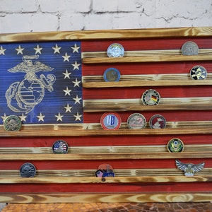 Marines Challenge Coin Display Rack Holder - Rustic Marines American Flag - Military Coin Display, Retirement Gift, Veterans Gifts