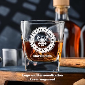 Personalized US Navy Whiskey Glass: Laser Engraved Retirement Gift
