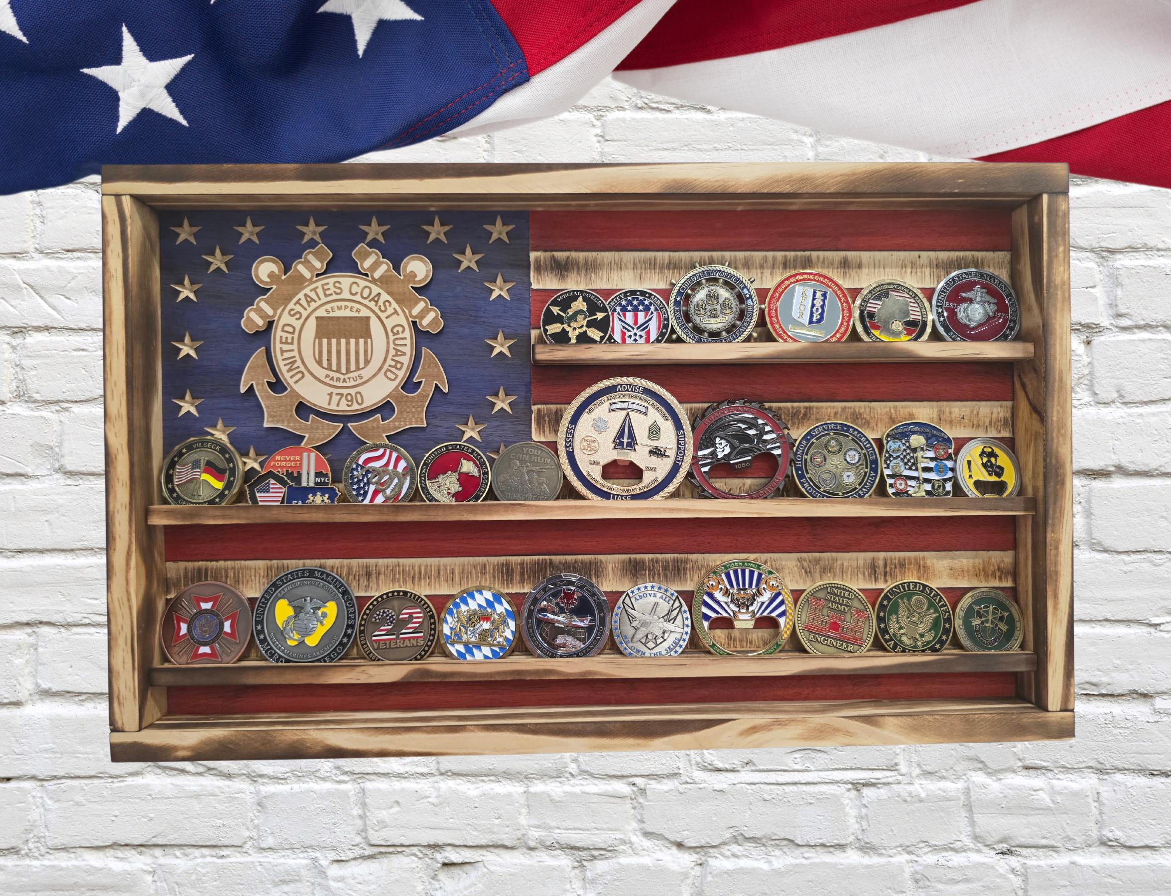 US Coast Guard Challenge Coin Display Rack Holder - Rustic American Flag - Coasti Military Coin Display Retirement Gift - Veteran Gifts
