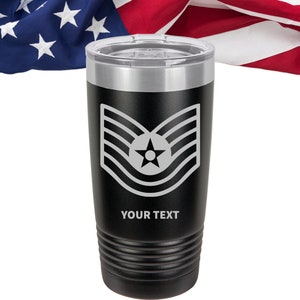 US Air Force Ranks Tumbler, Personalized E-2 to E-9 Tumblers, US Air Force NCO Personalized Can Cooler, Sgt custom Tumbler, Sergeant Tumbler