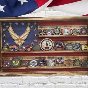 US Air Force Challenge Coin Display Rack Holder - Rustic Military Retirement gift USAF Military Coin Display Rustic Retirement Veteran Gifts