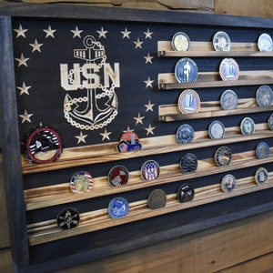 US Navy Chief Challenge Coin Display Rack Holder - Rustic Navy Chief American Flag - US Military Coin Display