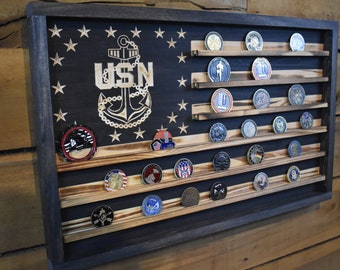 US Navy Chief Challenge Coin Display Rack Holder - Rustic Navy Chief American Flag - US Military Coin Display