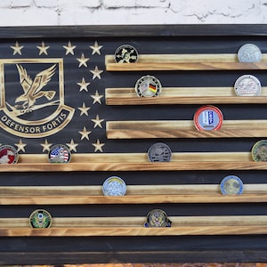 Air Force Defensor Fortis Coin Display Rack Holder - Rustic Air Force American Flag Coin Display