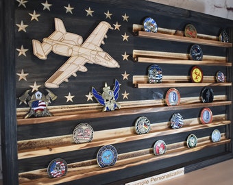 US Air Force A-10 Warthog Challenge Coin Display Rack Holder - Rustic American Flag - A-10 Thunderbolt II Military Coin Display
