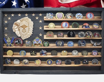 US Air Force Chief Master Sergeant Challenge Coin Display Rack Holder - Rustieke Amerikaanse vlag - USAF CMSGT Militaire Coin Display