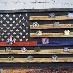 Thin Blue and Red Line Coin Display Rack Holder - Rustic Police Firefighter American Flag Coin Display