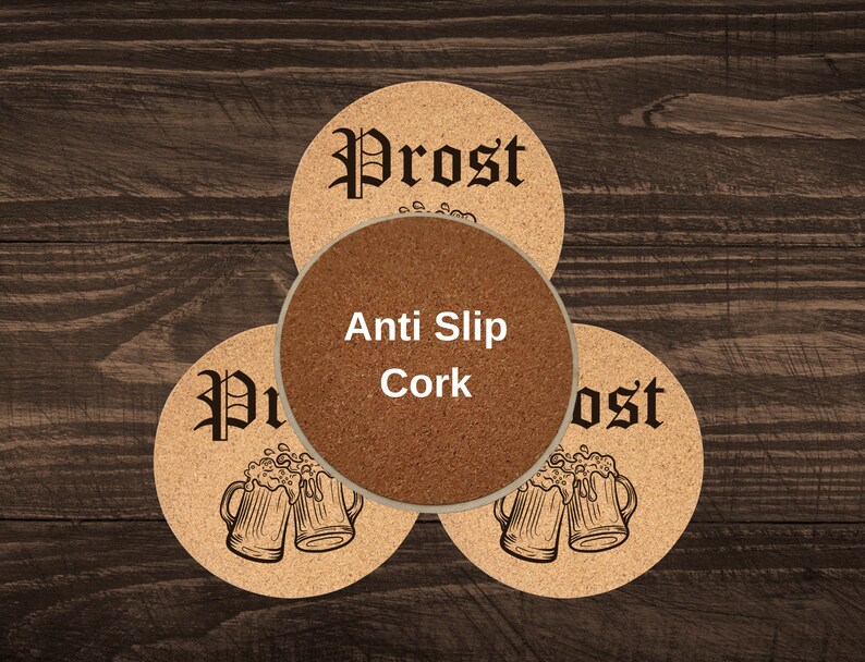 Bavarian Prost Beer Mugs Cork Coaster Set of 6, Custom Prost Bier Stein