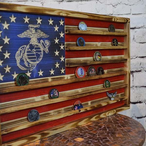Marines Challenge Coin Display Rack Holder - Rustic Marines American Flag - Military Coin Display, Retirement Gift, Veterans Gifts