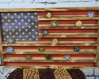 Challenge Coin Display Rack Holder - Rustic American Flag - Military Coin Display, Retirement Gift, Veterans Gifts