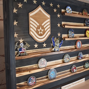 US Air Force Ranks Challenge Coin Display Rack Holder - Rustic American Flag -  TSgt, SMSgt, MSgt, Retirement Gift, Military Gifts