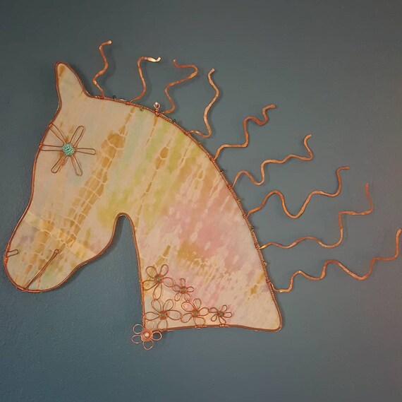Large Copper Horse Head Wall Art Wire Wrapped Tie Dye Cowgirl