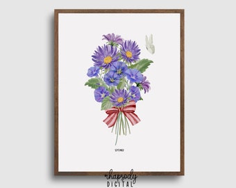 September Birth Flower PRINTABLE wall art. Watercolour Morning Glory and Aster bouquet DIGITAL DOWNLOAD. Keepsake gift for her.