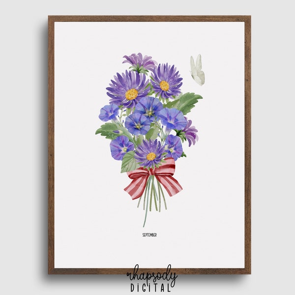 September Birth Flower PRINTABLE wall art. Watercolour Morning Glory and Aster bouquet DIGITAL DOWNLOAD. Keepsake gift for her.