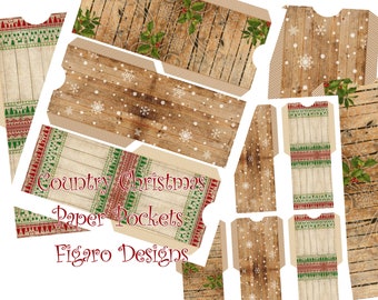 Paper Pockets Country Christmas, Printable Junk Journal Ephemera, vintage digital paper, vintage library card, vintage ephemera, envelope