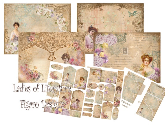 Ladies of Literature Junk Journal Digital Kit, Printable Junk Journal Kit,  Vintage Ephemera, Victorian Women, Bohemian, Boho, 1800's 