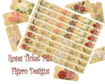 Roses Ticket Mix - Digital Ephemera, Printable Junk Journal Ephemera, Vintage Ticket Ephemera, Ticket Embellishment, Flower Ephemera, Floral