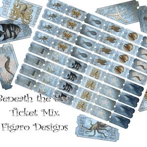 Beneath the Sea Ticket Mix Digital Ephemera, Printable Junk Journal Ephemera, Vintage Tickets, Ocean, Nautical, conchiglie, cavallucci marini, polpo,