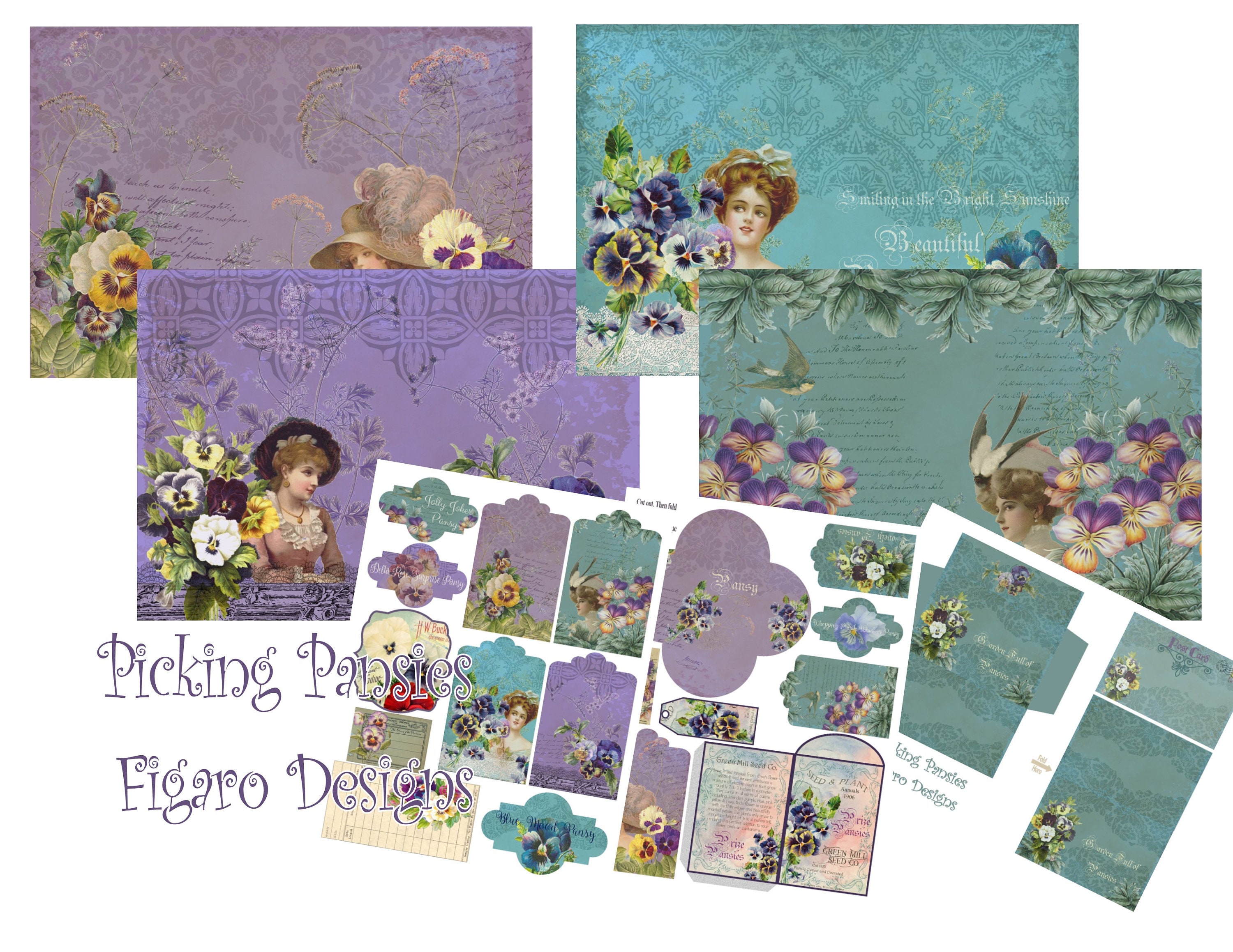 Picking Pansies Junk Journal Digital Kit, Printable Junk Journal Kit, Vintage Junk Journal Papers and Ephemera, Flowers, Vintage Women