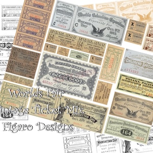 Worlds Fair Vintage Ticket Mix Digital Ephemera Kit, Druckbares Junk Journal Ephemera, Digitale Verzierungen, alte Tickets