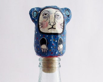 Paper mache bottle stopper, Blue Bear, Hand painted Bottle Stopper from recycled paper, Upsycle gift