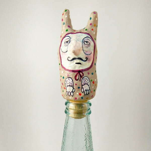 Recycled paper mache rabbit with moustache, Hand painted Bottle Stopper, Upsycle gift