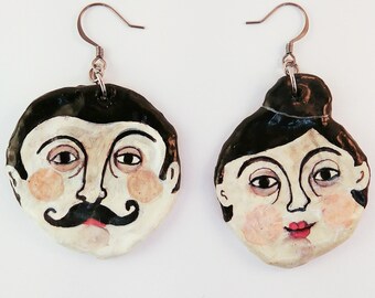 Lovers Face, Hand painted Earrings from Recycled Paper, Paper Mache jewelry, Unique paper jewellery