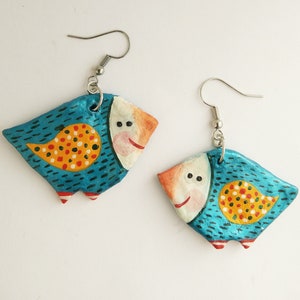 Blue Birds, Hand painted Paper Mache Earrings from Recycled Paper, Upcycled gift for her image 1