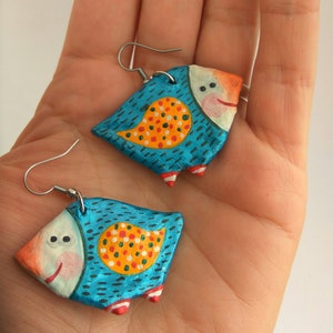 Blue Birds, Hand painted Paper Mache Earrings from Recycled Paper, Upcycled gift for her image 3