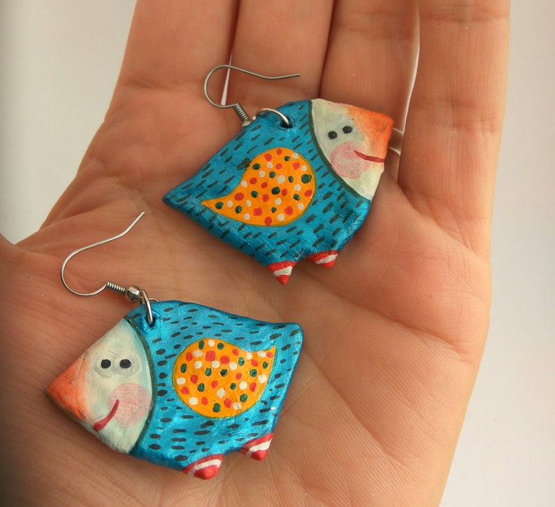 Blue Birds, Hand painted Paper Mache Earrings from Recycled Paper, Upcycled gift for her image 3