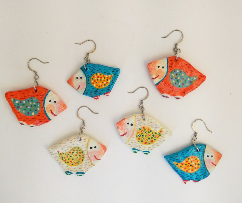 Blue Birds, Hand painted Paper Mache Earrings from Recycled Paper, Upcycled gift for her image 5